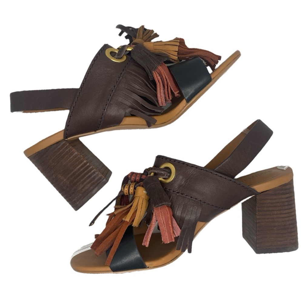 See by Chloé Fringe Block Heel Sandals - Brown and Tan Sz 40